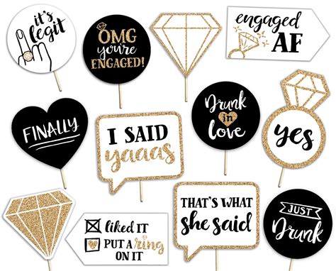 Funny Engagement Printable Photo Booth Props 12 Signs Gold Black And White Bridal Bachelorette