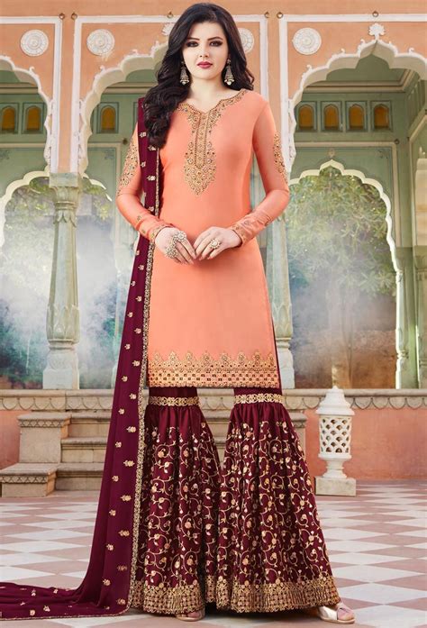 Peach Satin Designer Pakistani Sharara Suit Combination Dresses Partywear Sharara Suit