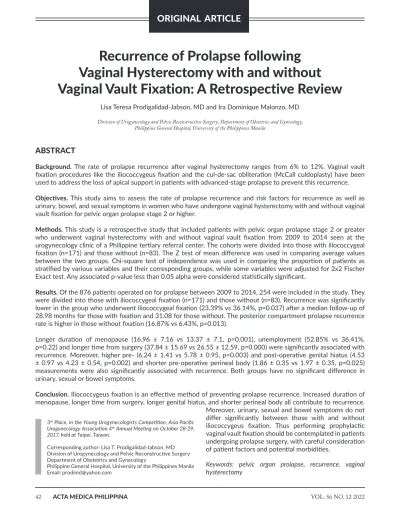 View Of Recurrence Of Prolapse Following Vaginal Hysterectomy With And