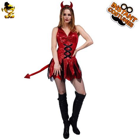Women S Sexy Red Devil Costume With Tail Halloween Role Play Party Fancy Dress Up Cosplay Devil