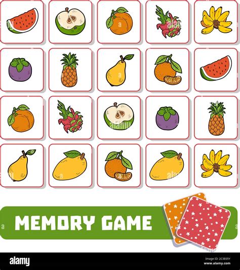 Memory Game For Preschool Children Vector Cards With Fruits Stock
