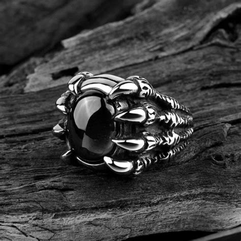 Retro Punk Dragon Claw Stone Ring Silver Gothic Punk Ring Etsy