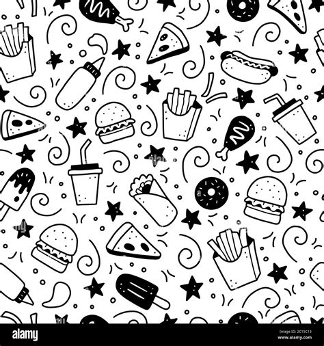 Hand Drawn Seamless Pattern With Fast Food Elements Burger Pizza