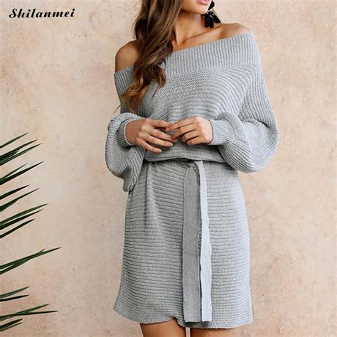 sexy off shoulder knitting sweater dresses women elegant sash short dress oversized causal