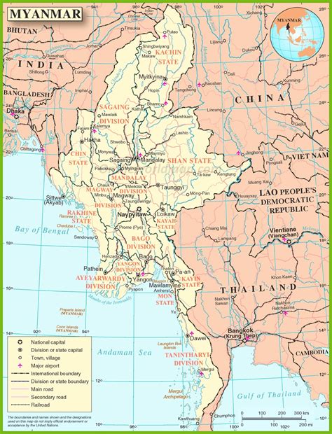 Do not change city or country names in this field. Detailed Burma Map