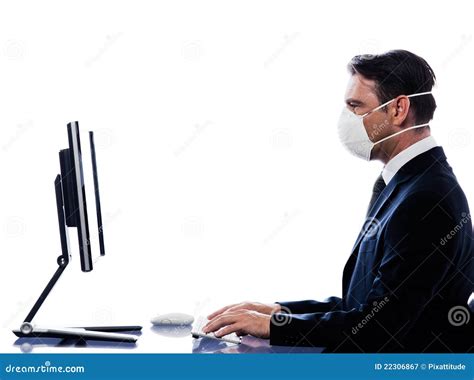 Caucasian Man Portrait With Computer Wearing Mask Stock Image Image