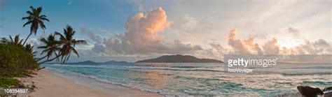Ocean Beach Palm Tree Sunrise Panorama Tropical Island Shore Seychelles