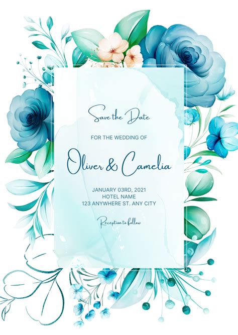 Blue Wedding Invitation Card With Watercolor Floral Frame