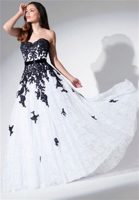A Line Strapless Sweetheart White And Black Lace Applique Long Evening Prom Dress