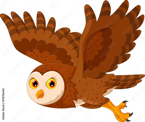 Vector Illustration Of Cute Cartoon Owl Flying Isolated On White
