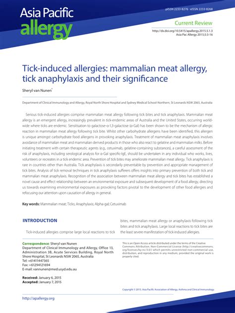Pdf Tick Induced Allergies Mammalian Meat Allergy Tick Anaphylaxis