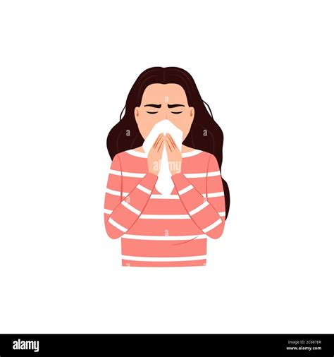 Sneezing Woman Covers Mouth And Nose With Tissue On White Background