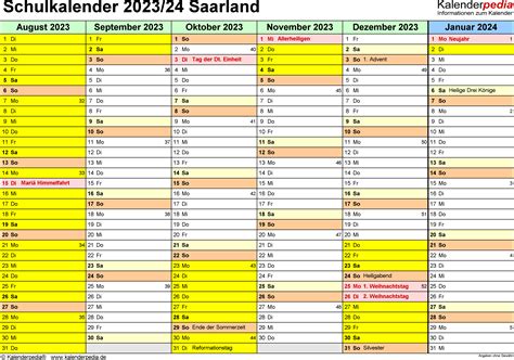 Schulkalender 20232024 Saarland Für Word