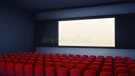 Cinema Theater Empty With Red Seats And A Blank Screen Stock