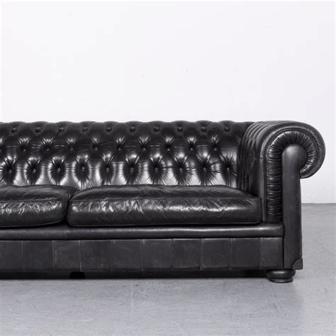H 18 w 69 d 21 seat height: Natuzzi King Designer Leather Sofa Three-Seat Couch Black in Chesterfield Style at 1stdibs