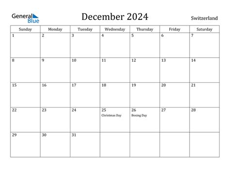 Switzerland December 2024 Calendar With Holidays