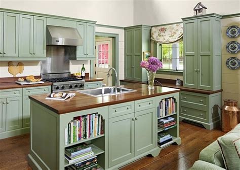 Frameless cabinets, as you may know or have guessed, lack a face frame on the front of the cabinets. Vintage Hood And Butcher Block Countertop For English Country ... | Green kitchen cabinets ...