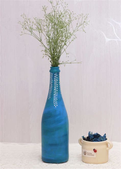 Hand Painted Glass Bottle Vase Blue White Design Imagicart
