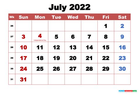 Printable July 2022 Calendar With Holidays Word Pdf