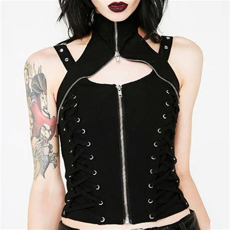 goth punk black tank top women bandage sexy hollow lace up zipper gothic camisole summer crop