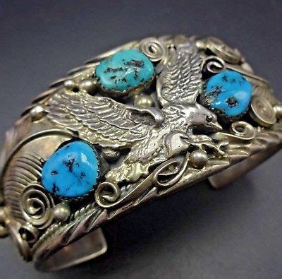 Signed Vintage Navajo Sterling Silver Turquoise Cuff Bracelet Applied