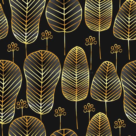 Leaves Black And Gold Line Art Seamless Vector Pattern Stock Vector