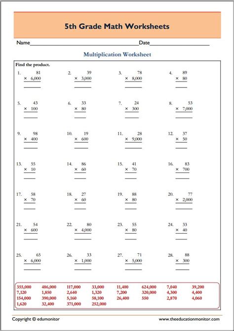 Operations On Whole Numbers Worksheets For Grade 5