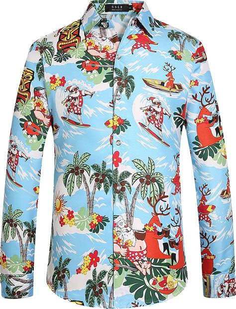 SSLR Men S Santa Claus Party Long Sleeve Hawaiian Ugly Christmas Shirts Amazon Co Uk Fashion