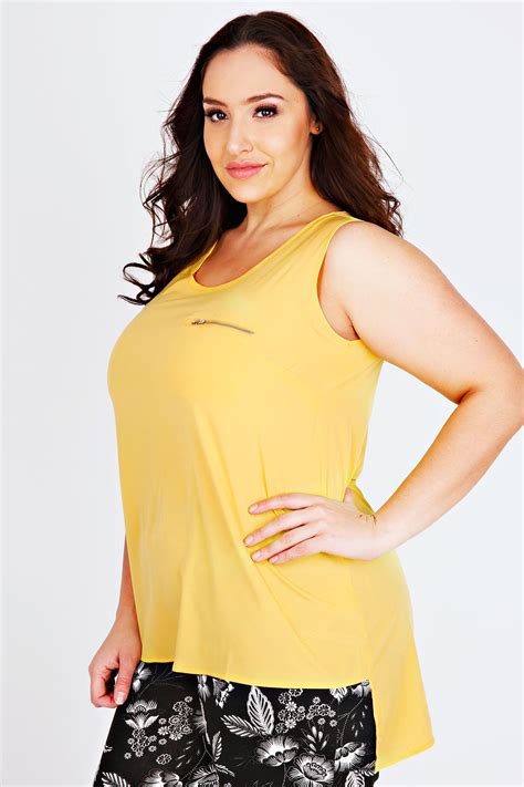 Yellow Sleeveless Dipped Hem Top With Zip Pocket Detail Plus Size