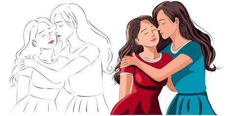 Lesbian Couple Flat Design Illustration Portrait Of Two Beautiful Girls In An Intimate