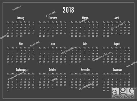 Simple Pocket Calendar 2018 Year On Black Background Week Starts From