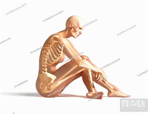 Naked Woman Sitting On Floor With Bone Skeleton Superimposed Stock Photo Picture And Low