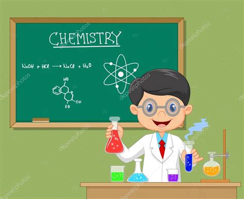 Cartoon Scientist Boy In Lab Coat With Chemical Glassware — Stock