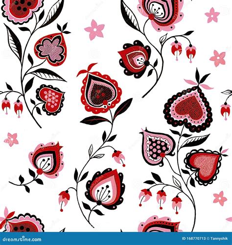 Folk Flowers Seamless Pattern Flowers And Abstract Hearts Painted For