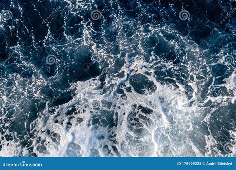 Top Down Aerial View Of Sea Water Surface White Foam Waves Texture As