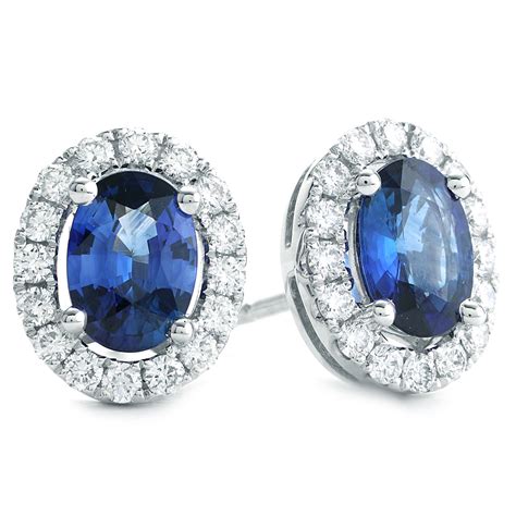 Ct Oval Sapphire And Diamond Halo Stud Earrings In White Gold