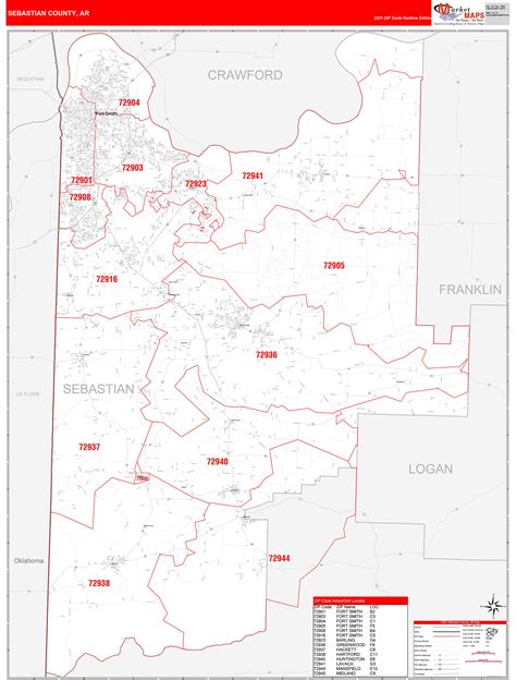 Sebastian County Ar Zip Code Wall Map Red Line Style By
