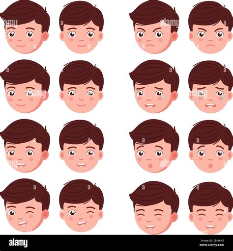 Set Boy Emotion Faces Vector Illustration Kid Portrait Icon With