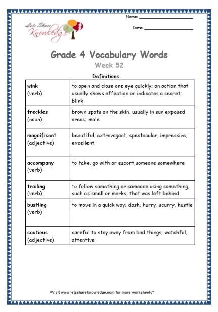 Grade 4 Vocabulary Worksheets Week 52 Definitions Vocabulary