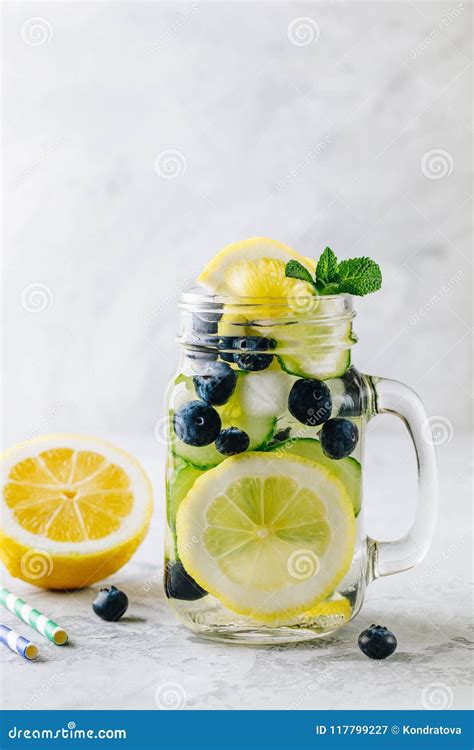 Infused Detox Water With Lemon And Cucumber Slices Blueberry And Mint