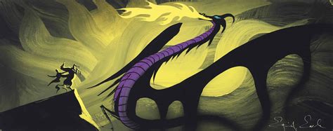 Original hand painted and hand inked production cels of maleficent as the dragon and prince phillip set on a lithographic background from sleeping beauty, 1959; Walt Disney Studios Sleeping Beauty, 1959 Prince Philip ...