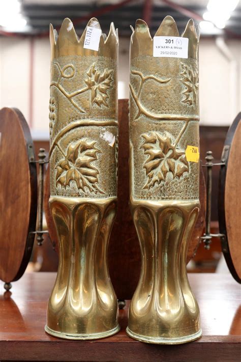 Sold Price Pair Of Brass Trench Art Vases Each Approx 34cm H 2