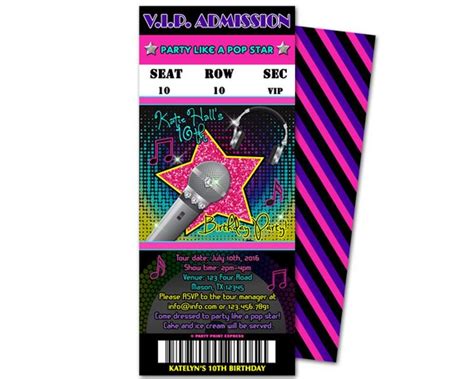 Girl Pop Star Birthday Invitations Neon Pop Star Admission Ticket