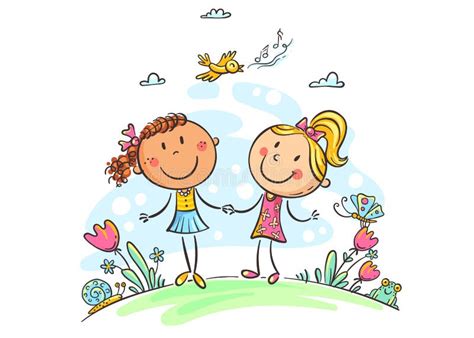 Friends Walking Together Flat Vector Illustration Girls And Guy At