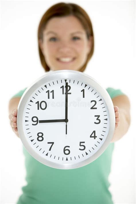 Woman Holding Clock Showing 9 O Clock Stock Image Image Of People