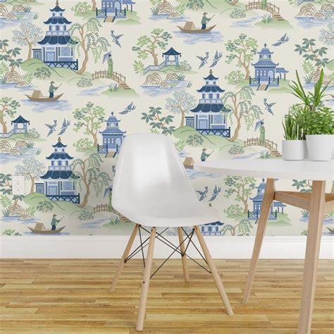 Peel And Stick Removable Wallpaper Chinoiserie Pagoda Blue Green