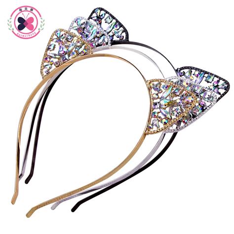 Haimeikang 3pclot Female Crystal Cat Ears Hair Hoop Headband For Women