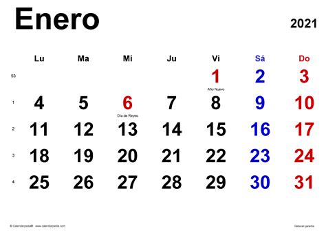 Calendario Enero 2021 En Word Excel Y Pdf Calendarpedia