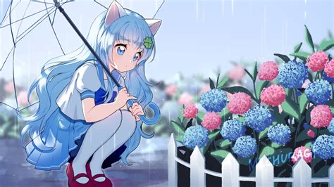 Animal Ears Aqua Eyes Blue Hair Catgirl Flowers Mechuragi Original