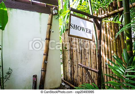 Tropical Outdoor Shower Surrounded With Bamboo Walls Canstock